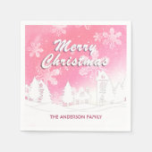 Pink White House Snowflakes Merry Kerstry Servet (Voorkant)