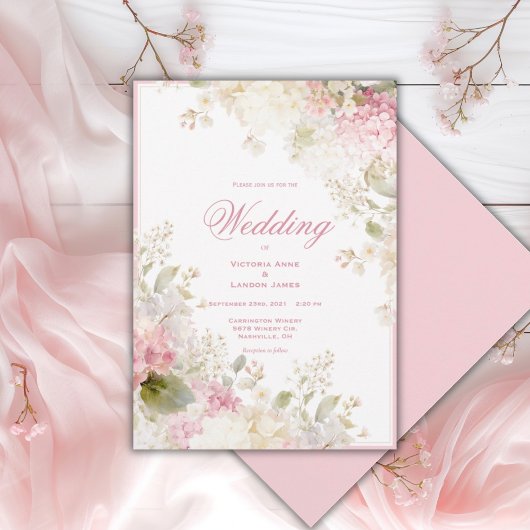 Pink White Hydrangeas Elegant Wedding Invitation Kaart