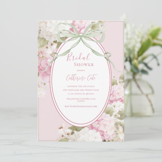 Pink White Hydrangeas Sage Green Bridal Shower Kaart (Staand voorkant)