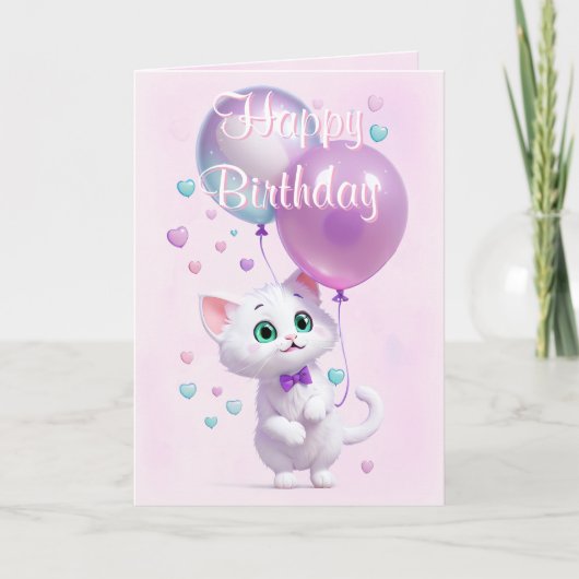 Pink White Kitten with Balloons Birthday Kaart (Voorkant)