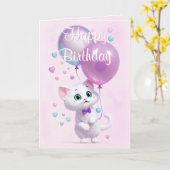 Pink White Kitten with Balloons Birthday Kaart (Gele Bloem)
