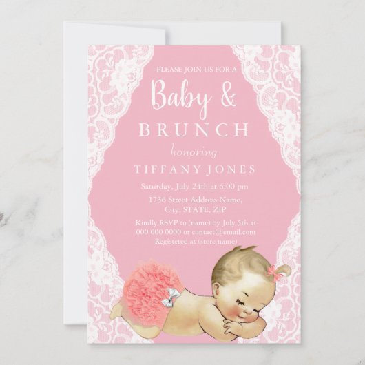 Pink White Lace Baby shower Brunch Invite Kaart (Voorkant)