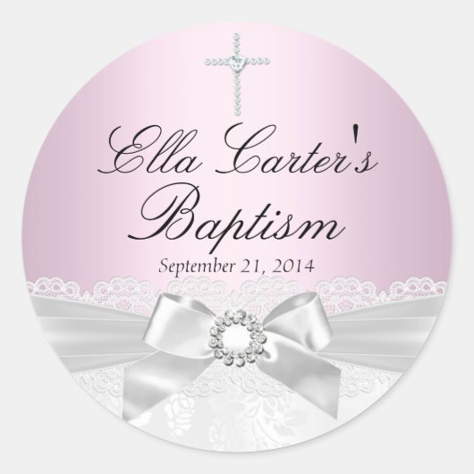 Pink White Lace & Cross Baptism Sticker (Voorkant)