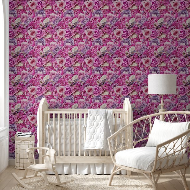 Pink White Lavender Roos Flowers Patroon Behang (Kinderen)