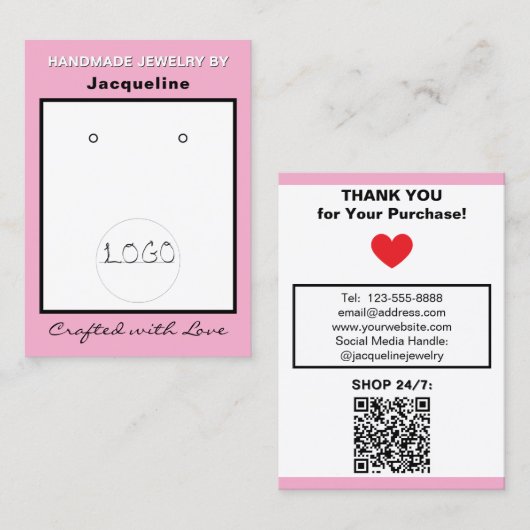 Pink White Logo Jewelry Earrings QR Code Visitekaartje (Voorkant / Achterkant)