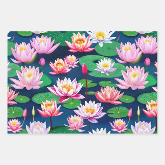 Pink White Lotus Water Lily Flowers & Green Leaves Inpakpapier Vel (Voorkant 2)