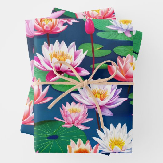 Pink White Lotus Water Lily Flowers & Green Leaves Inpakpapier Vel (In situ)