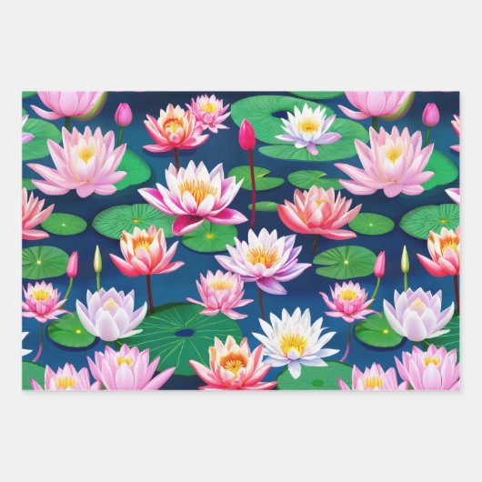 Pink White Lotus Water Lily Flowers & Green Leaves Inpakpapier Vel (Voorkant)