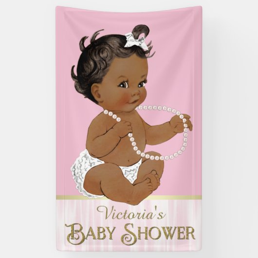 Pink White Pearl Afro-Amerikaans Meisje Baby showe Spandoek (Verticaal)