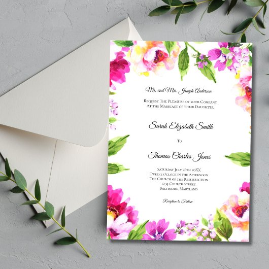 Pink White Peony Floral Greenery Elegant Wedding Kaart