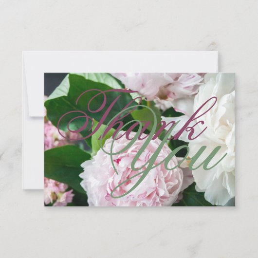 Pink White Peony Full Bloom Greenery Wedding Bedankkaart (Voorkant)