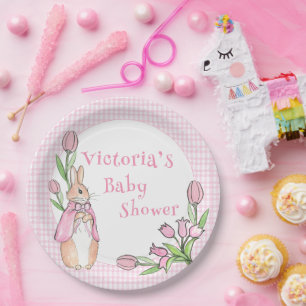 Pink White Plaid Bunny Baby shower Papieren Bordje