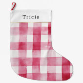 Pink White Plaid Stripes Christmas Grote Kerstsok (Voorkant)