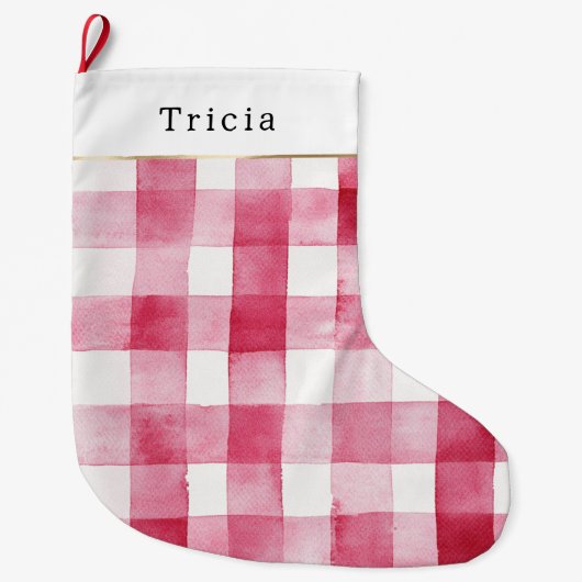 Pink White Plaid Stripes Christmas Grote Kerstsok (Voorkant)