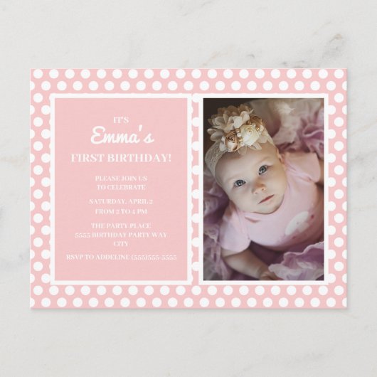 Pink White Polka Dot Girl Birthday Party Invite Briefkaart (Voorkant)