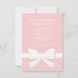 Pink White Polka Dot Little Girl First Birthday Kaart