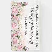 Pink White Rose Floral 50th Wedding Jubileum Spandoek (Verticaal)