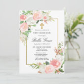 Pink White Rose Floral First Heilige Communie Kaart (Staand voorkant)