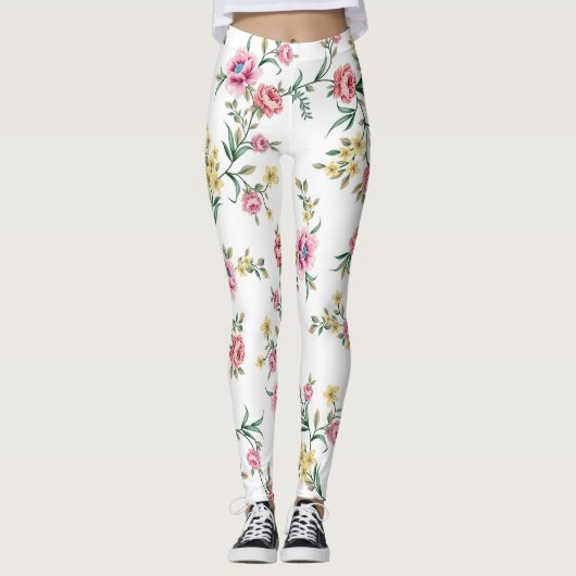 Pink White Rose Floral gepatterd | LEGGINGS (Voorkant)