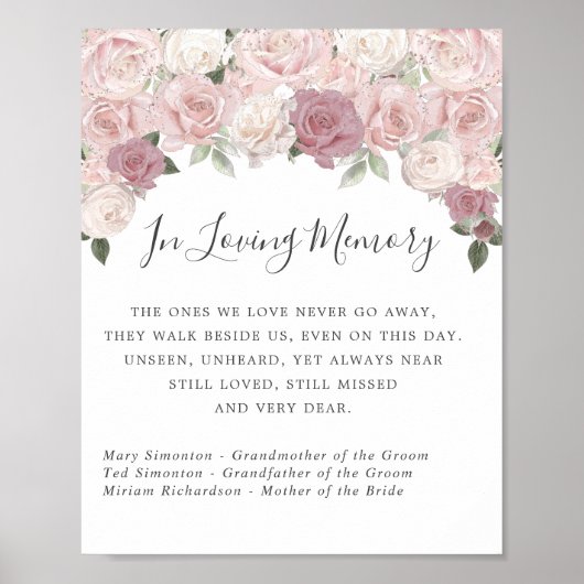 Pink White Rose Floral Wedding Memorial Sign Poster (Voorkant)