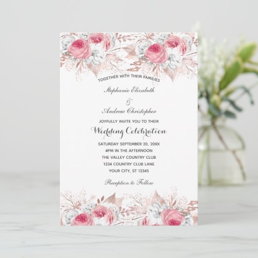 Pink White Rose Gold Floral Botanical Weddenschap Kaart (Staand voorkant)