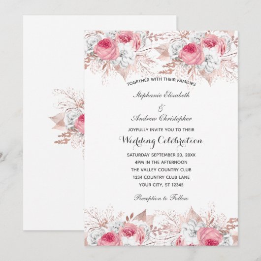 Pink White Rose Gold Floral Botanical Weddenschap Kaart (Voorkant / Achterkant)