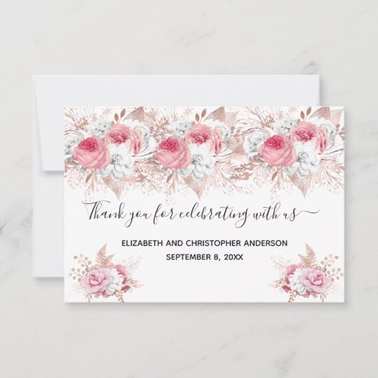 Pink White Rose Gold Floral Calligraphy Weddenscha Bedankkaart (Voorkant)