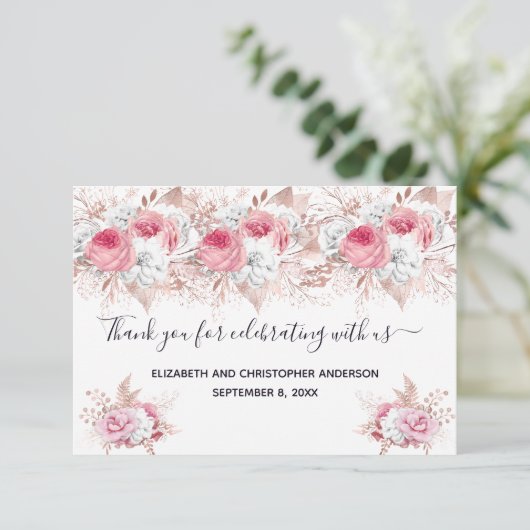Pink White Rose Gold Floral Calligraphy Weddenscha Bedankkaart (Staand voorkant)