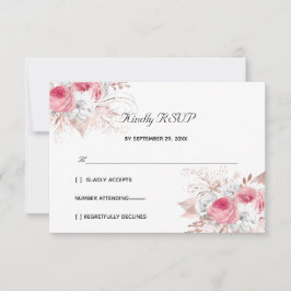 Pink White Rose Gold Floral Formal Elegant Wedding RSVP Kaartje