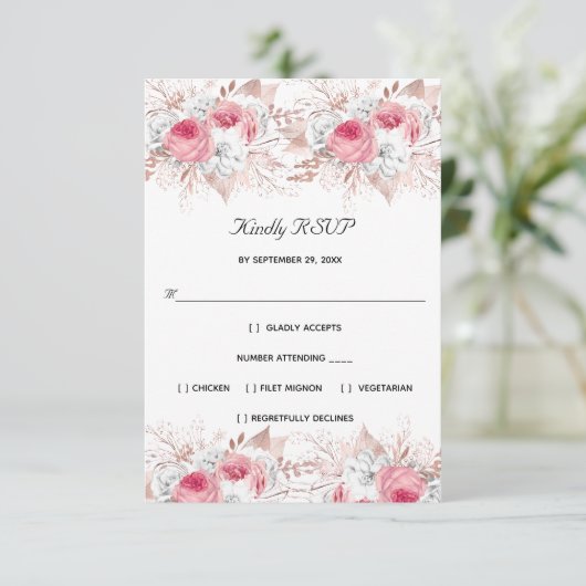 Pink White Rose Gold Floral Formal Elegant Wedding RSVP Kaartje (Staand voorkant)