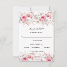Pink White Rose Gold Floral Formal Elegant Wedding RSVP Kaartje