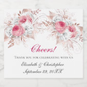 Pink White Rose Gold Floral Trendy Wedding Sparkling Wijnetiket (Enkel label)