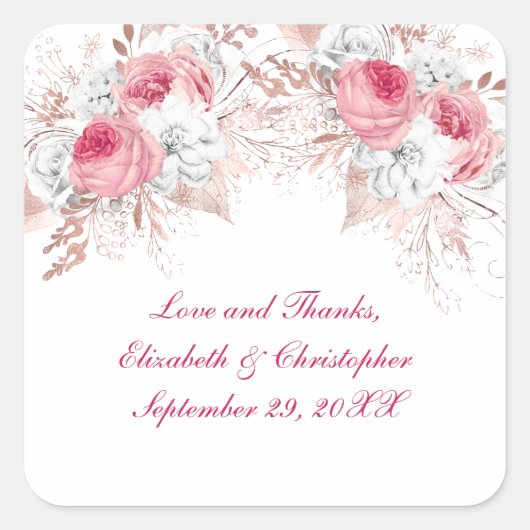 Pink White Rose Gold Floral Trendy Wedding Vierkante Sticker (Voorkant)