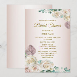 Pink White Rose Watercolor Greenery Bridal Shower Kaart