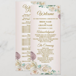 Pink White Rose Watercolor Greenery Golden Wedding Programmakaart