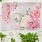 PInk White Roses op Marble Waterverf Shabbat Theedoek (Gevouwen)