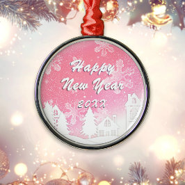 Pink White Snow House Gelukkig Nieuwjaar Metalen Ornament