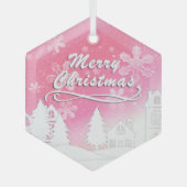 Pink White Snow House Merry kerst Glas Ornament (Voorkant)