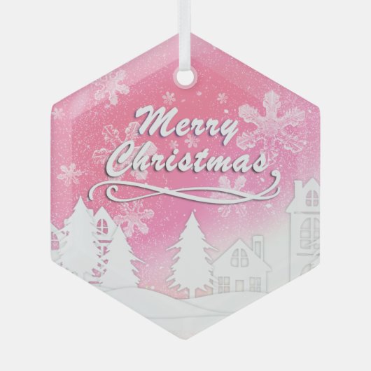 Pink White Snow House Merry kerst Glas Ornament (Voorkant)