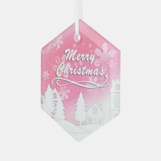 Pink White Snow House Merry kerst Glas Ornament (Voorkant links)