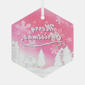 Pink White Snow House Merry kerst Glas Ornament (Achterkant)
