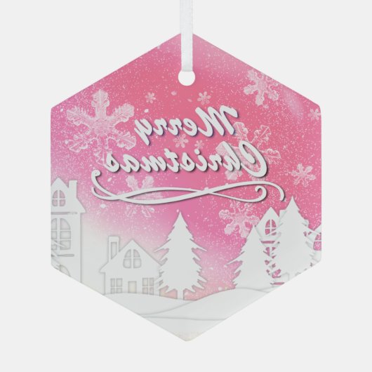 Pink White Snow House Merry kerst Glas Ornament (Achterkant)