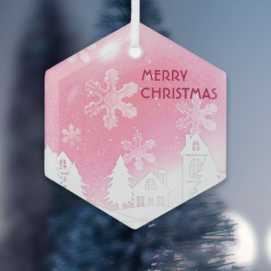 Pink White Snow House Merry kerst Glas Ornament
