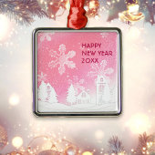 Pink White Snow House Merry kerst Metalen Ornament