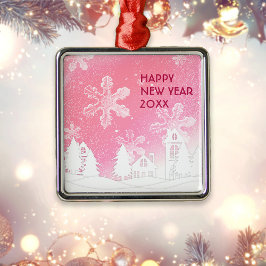 Pink White Snow House Merry kerst Metalen Ornament