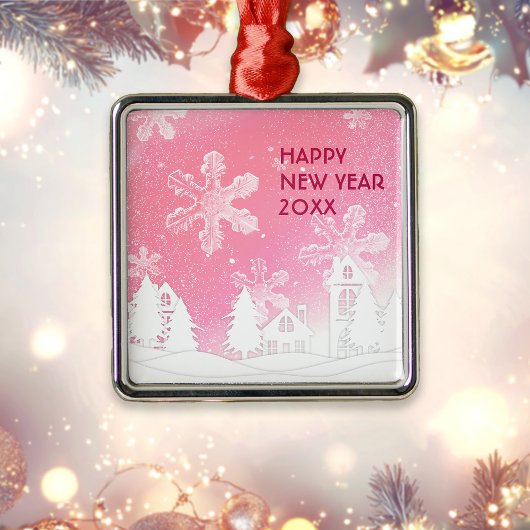 Pink White Snow House Merry kerst Metalen Ornament