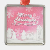 Pink White Snow House Merry kerst Metalen Ornament (Voorkant)