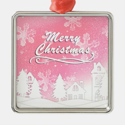 Pink White Snow House Merry kerst Metalen Ornament (Voorkant)