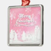 Pink White Snow House Merry kerst Metalen Ornament (Links)