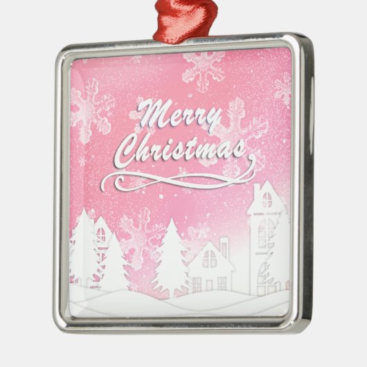 Pink White Snow House Merry kerst Metalen Ornament (Links)